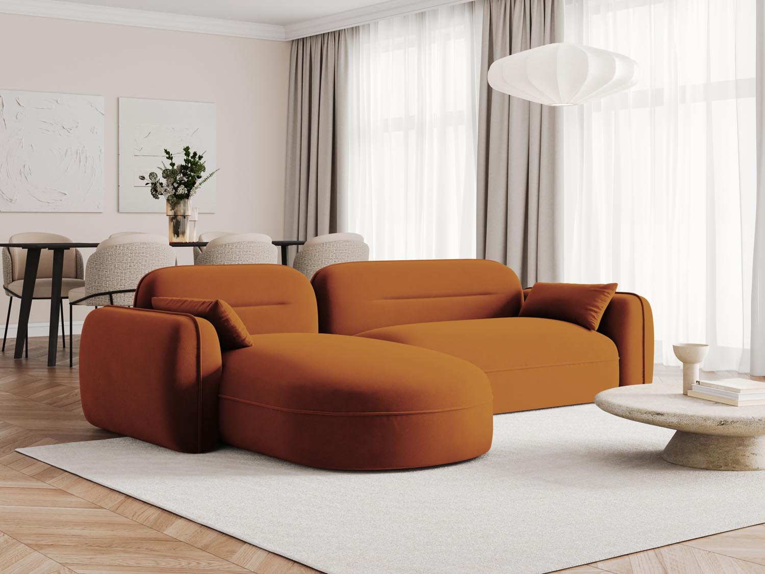 Modulares Ecksofa Sydney in warmem Terracotta, perfekt für entspannte Abende und stilvolle Einrichtungsideen.
