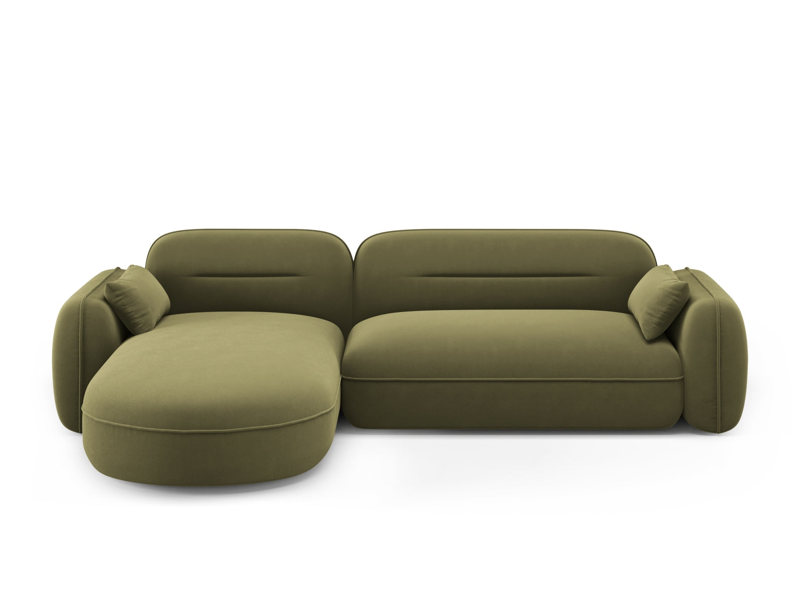 Elegantes Sydney Velour Ecksofa in sanftem Hellgrün, ideal für stilvolle Wohnräume. Modular und komfortabel, passt es sich jedem Raum an.