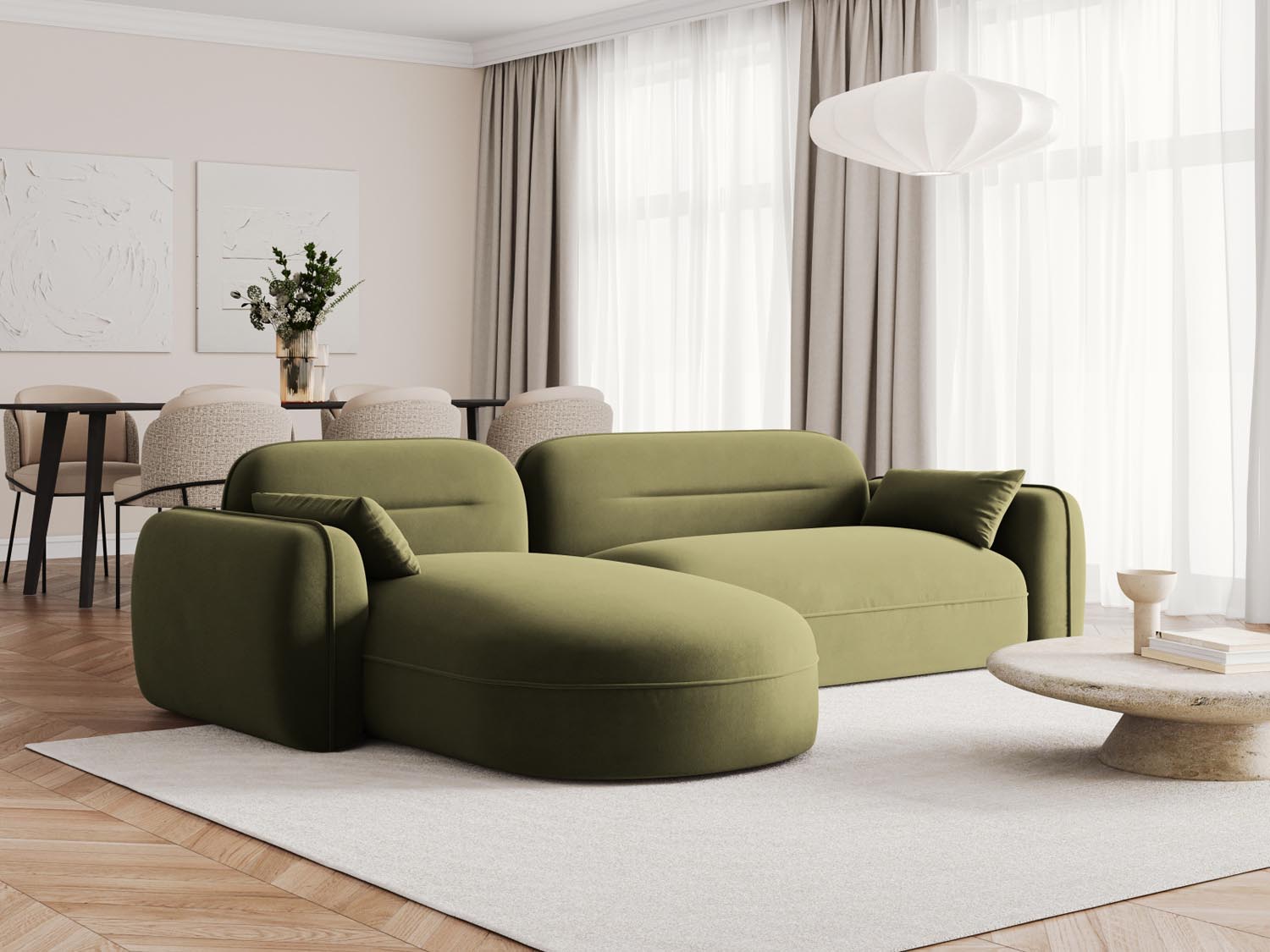 Modulares Ecksofa Sydney in zartem Hellgrün, perfekt für moderne Wohnkonzepte. Bietet hohen Komfort und vielseitige Gestaltungsmöglichkeiten.