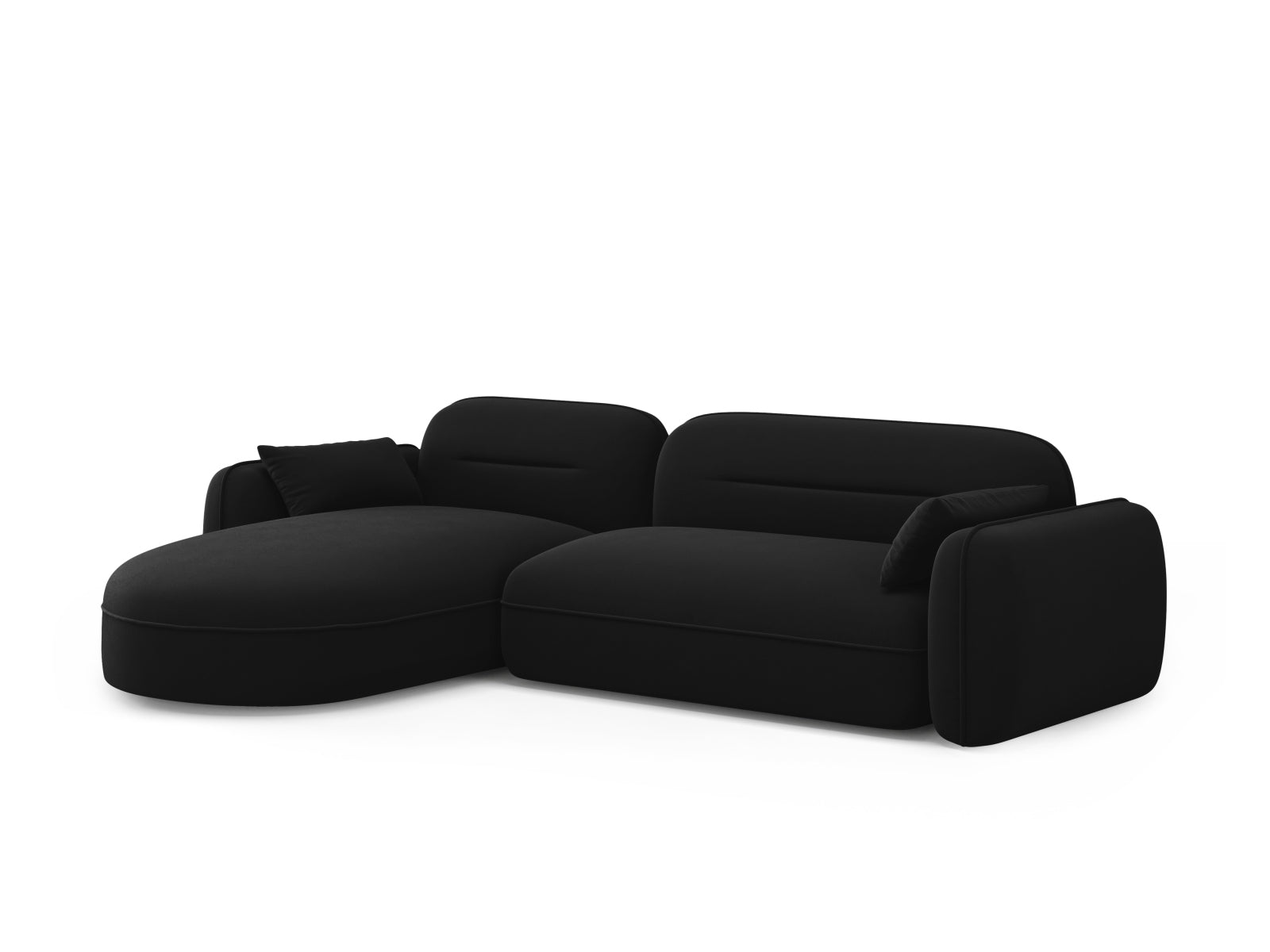 Elegantes, schwarzes Velour Ecksofa Sydney, linksseitig, für 4 Personen, ideal für stilvolle Wohnräume und gemütliche Abende.