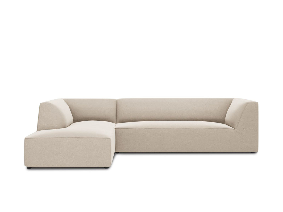 Modulares Ecksofa links in Beige-Salvador Samtstoff, schwarze Kunststoffbeine, Récamiere und gepolsterte Rückenlehne, 4-Sitzer, 180cm Breite.
