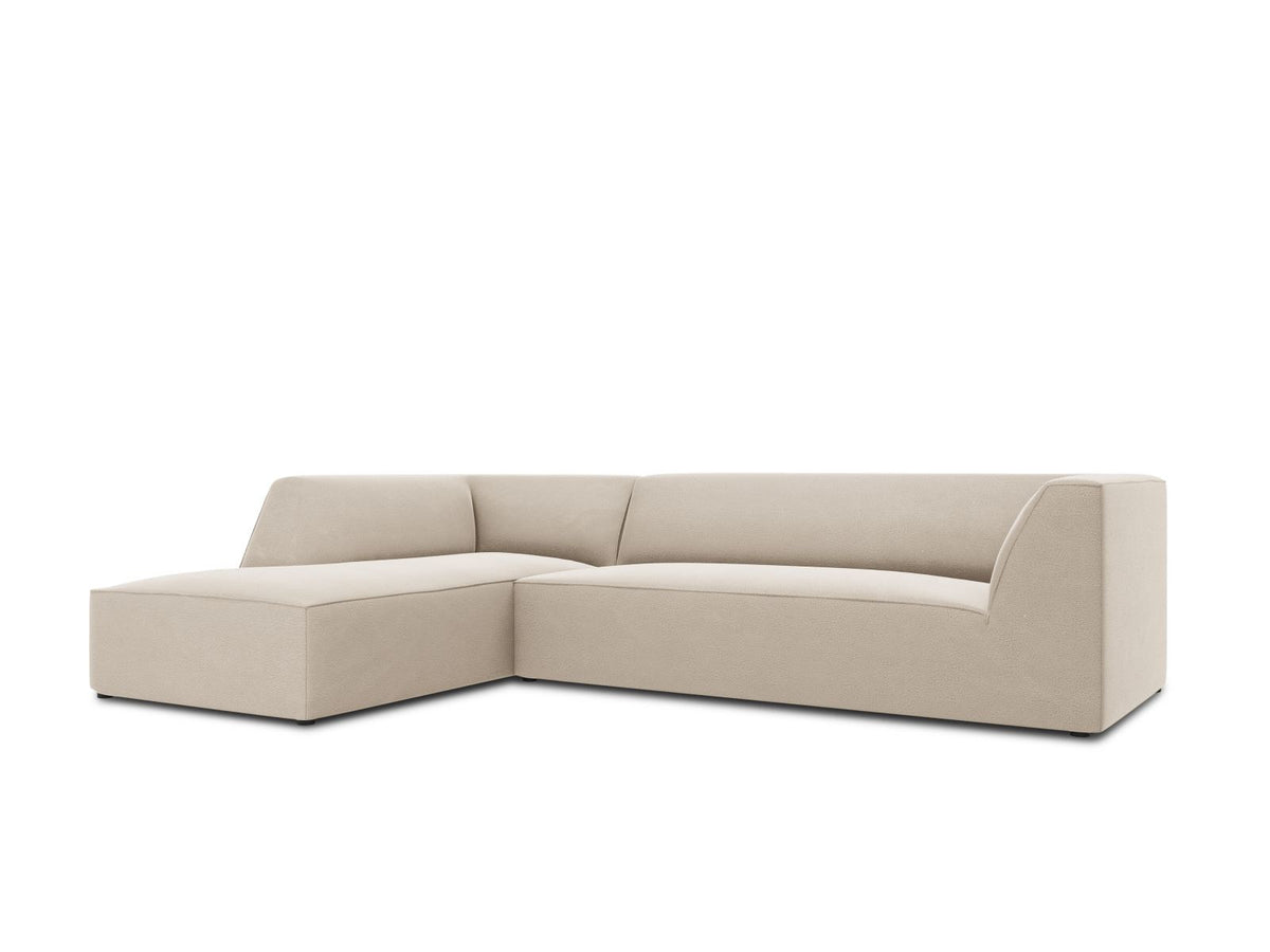 Modulares Ecksofa links in Beige-Salvador Samtstoff, schwarze Kunststoffbeine, Récamiere und gepolsterte Rückenlehne, 4-Sitzer, 180cm Breite.