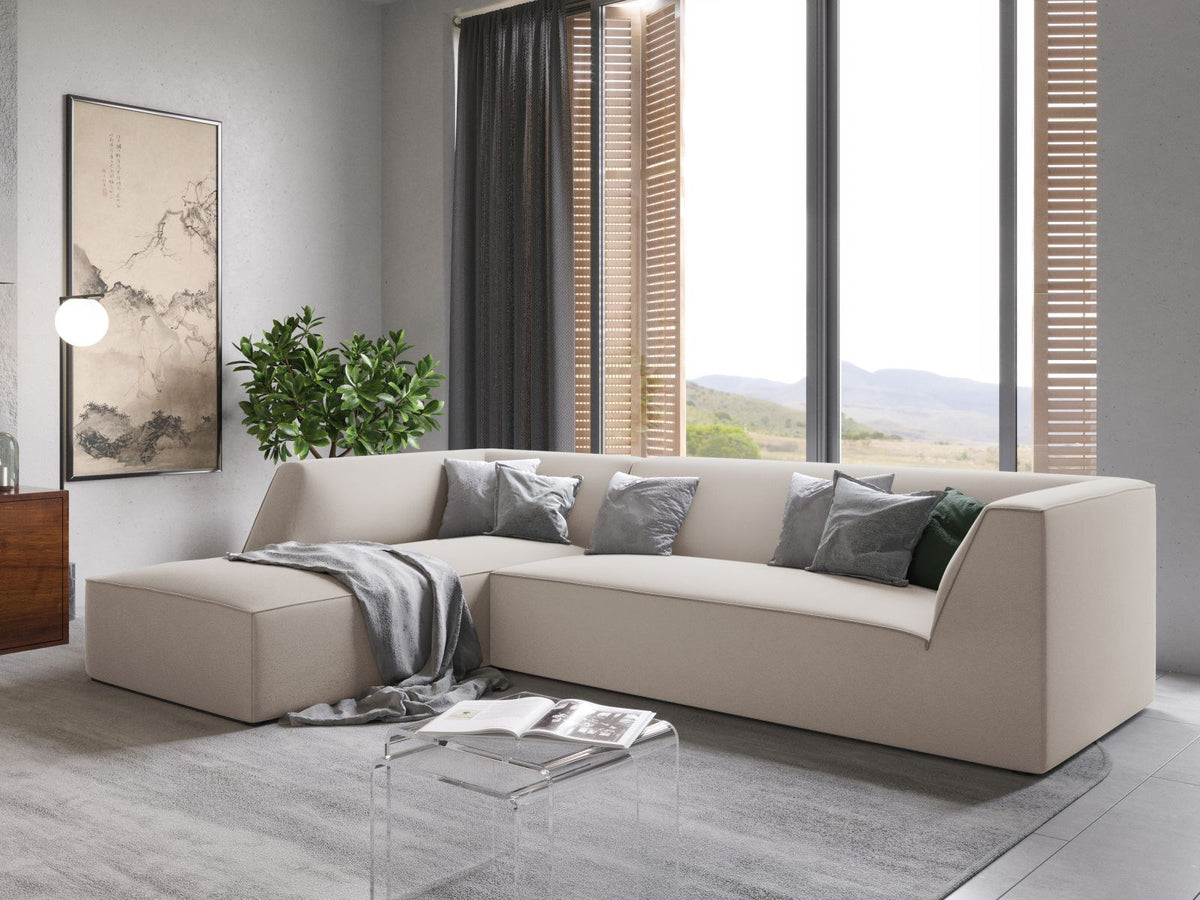 Modulares Ecksofa links in Beige-Salvador Samtstoff, schwarze Kunststoffbeine, Récamiere und gepolsterte Rückenlehne, 4-Sitzer, 180cm Breite.