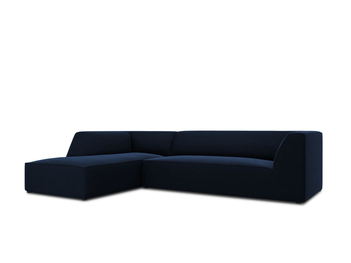 Modulares Ecksofa links in Beige-Salvador Samtstoff, schwarze Kunststoffbeine, Récamiere und gepolsterte Rückenlehne, 4-Sitzer, 180cm Breite.