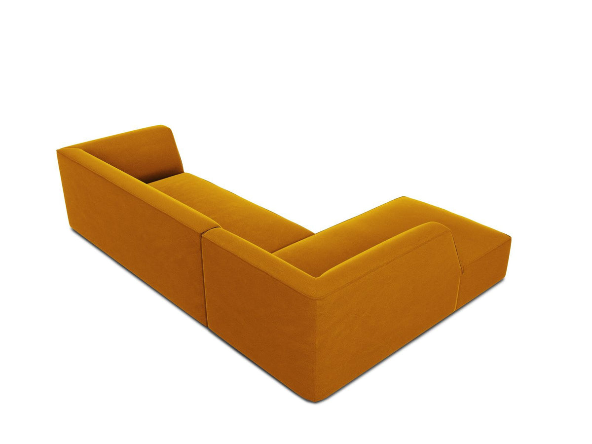 Modulares Ecksofa links in Beige-Salvador Samtstoff, schwarze Kunststoffbeine, Récamiere und gepolsterte Rückenlehne, 4-Sitzer, 180cm Breite.