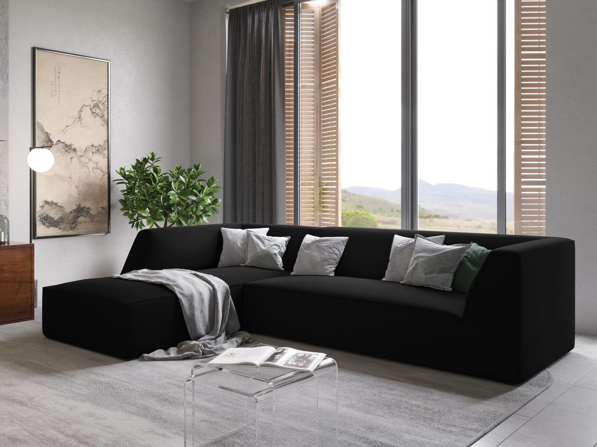 Modulares Ecksofa links in Beige-Salvador Samtstoff, schwarze Kunststoffbeine, Récamiere und gepolsterte Rückenlehne, 4-Sitzer, 180cm Breite.