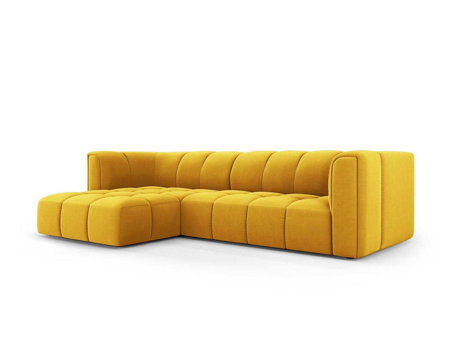 Modulares 3-Sitzer Ecksofa links Moritz in stilvollem Gelb-Bluvel, ideal für moderne Wohnräume, präsentiert von Cosmopolitan Design.