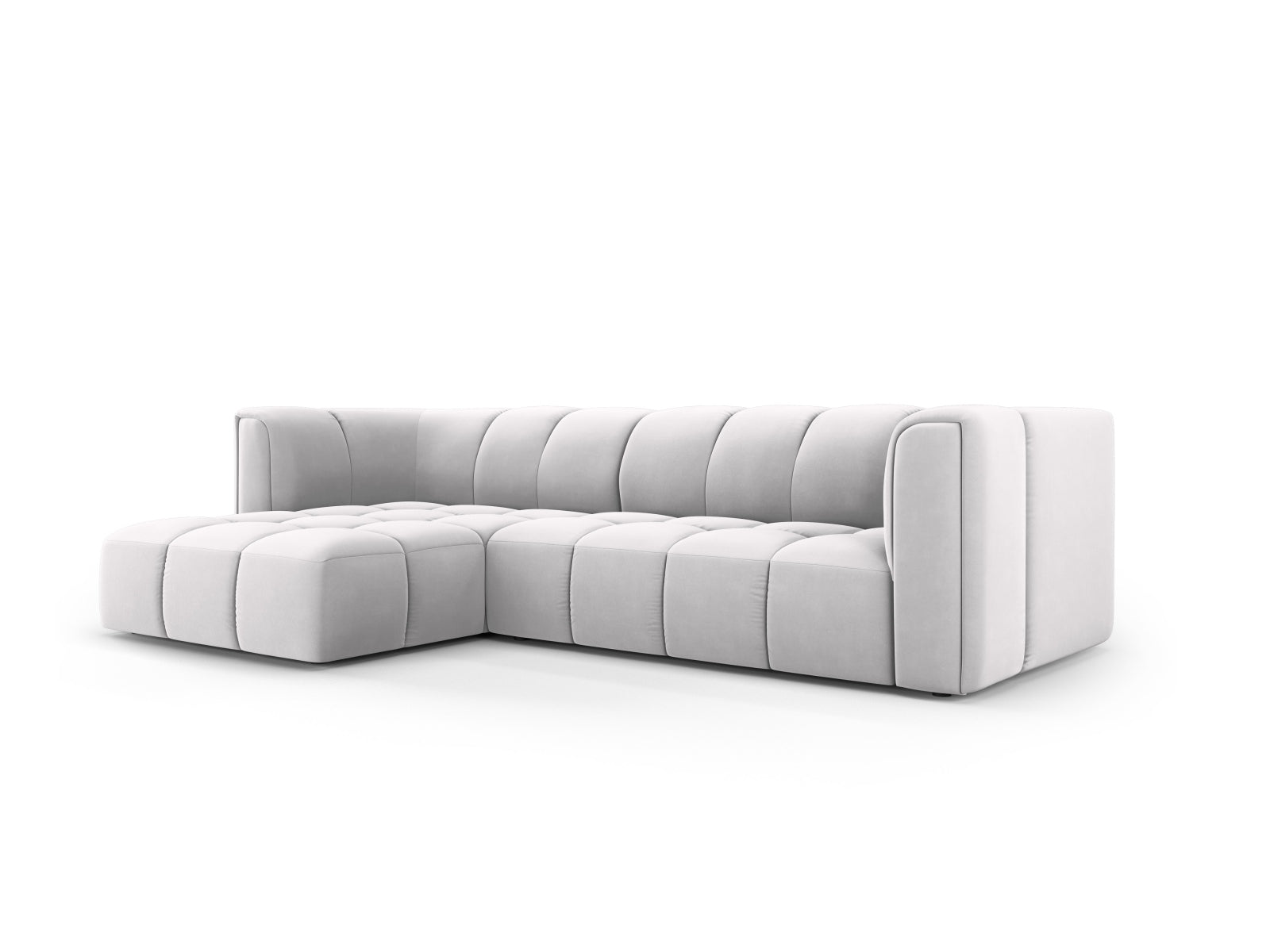 Elegantes 3-Sitzer Ecksofa Moritz in Silver-Bluvel, ideal für stilvolle Wohnräume, präsentiert von Cosmopolitan Design.