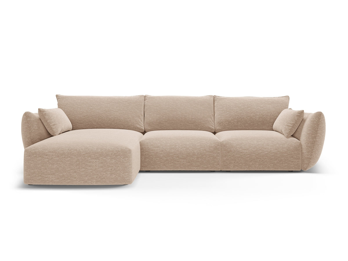 Ecksofa links Matera in Beige mit Récamière und niedrigen schwarzen Beinen