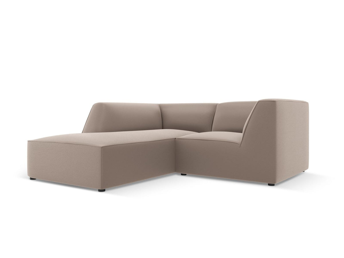 Modulares Ecksofa links Siena in Light Beige-Pacifico mit lederähnlichem Kunstlederbezug, schwarzen Kunststoffbeinen und Récamiere-Form.