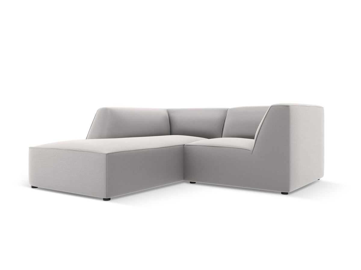 Modulares Ecksofa links Siena in Light Beige-Pacifico mit lederähnlichem Kunstlederbezug, schwarzen Kunststoffbeinen und Récamiere-Form.