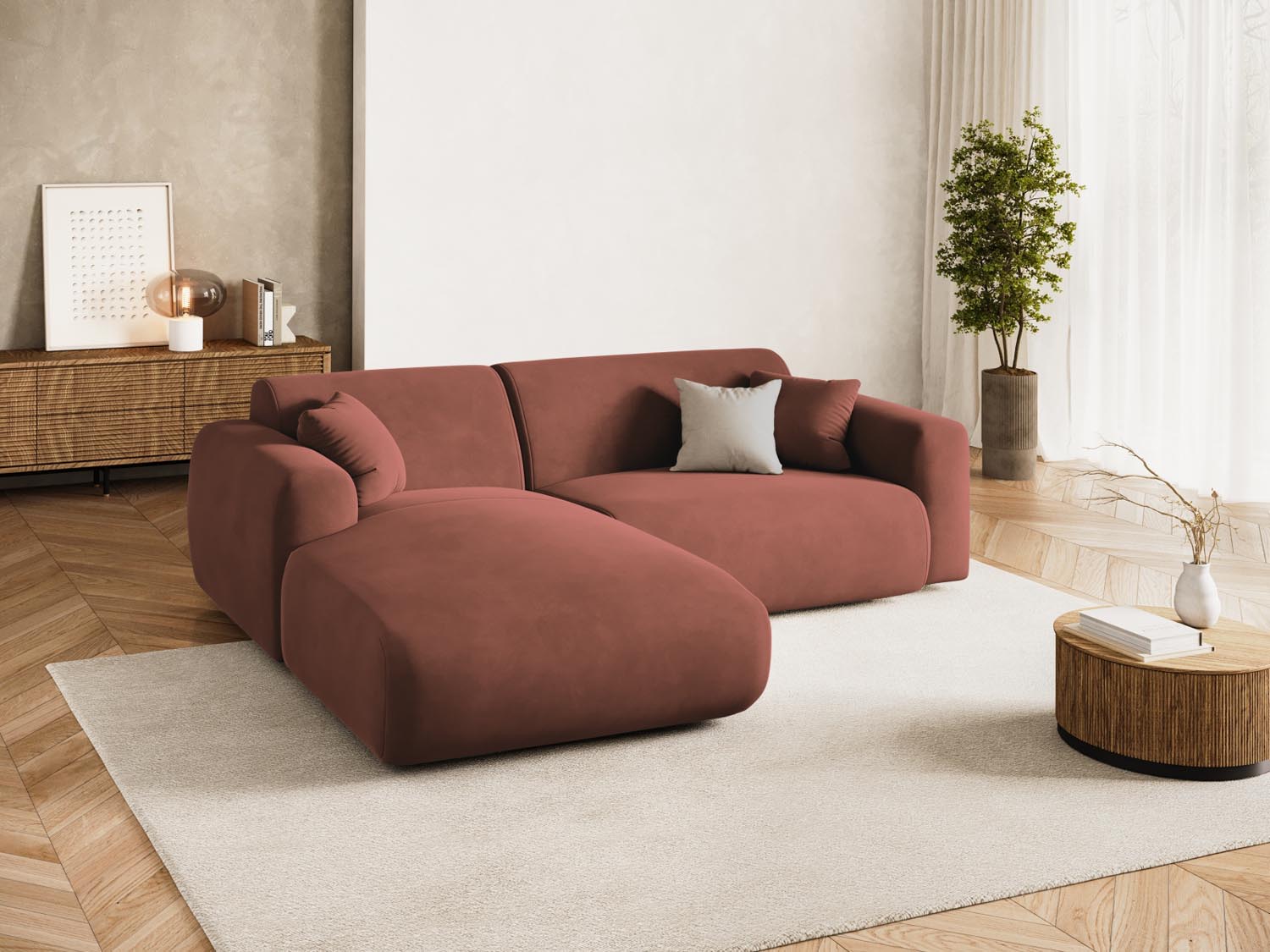 Entdecken Sie das stilvolle Nolio Velour Ecksofa links von Cosmopolitan Design. Dieses 4-Sitzer Sofa (170 cm) vereint Komfort und zeitgemässes Design.