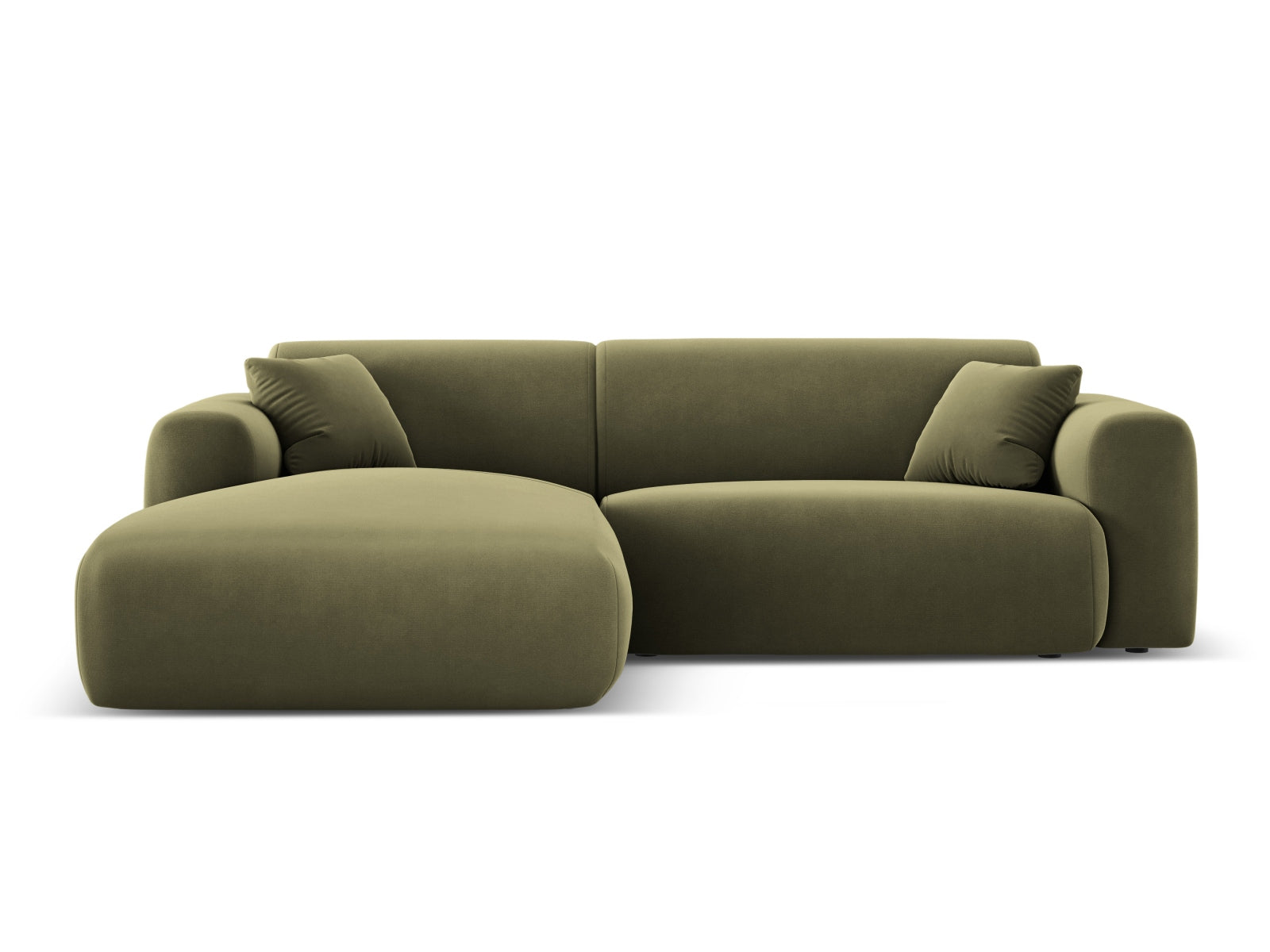 Modernes Nolio Velour Ecksofa links in zartem Hellgrün, perfekt für gemütliche Wohnzimmer. Geräumiger 4-Sitzer von Cosmopolitan Design.