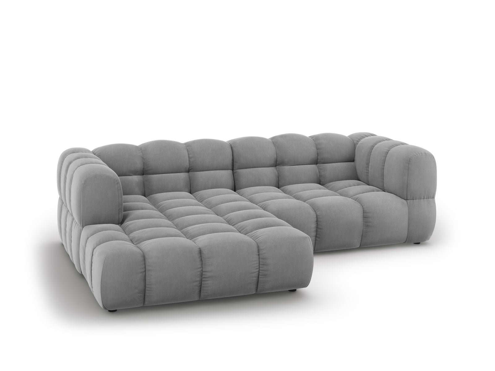 Modulares Ecksofa links im modernen Sky Velour, 3-Sitzer in sanftem Grau, perfekt für gemütliche und stilvolle Wohnambiente.