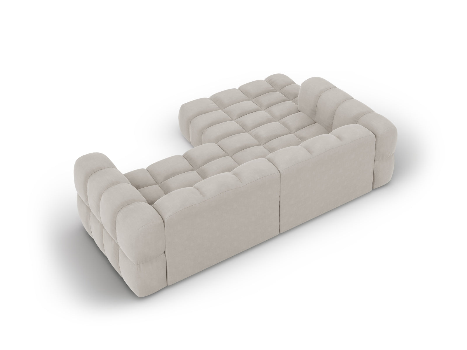 Elegantes modulares Ecksofa links in hochwertigem Sky Velour, 3-Sitzer in zartem Beige, ideal für stilvolle Wohnräume.