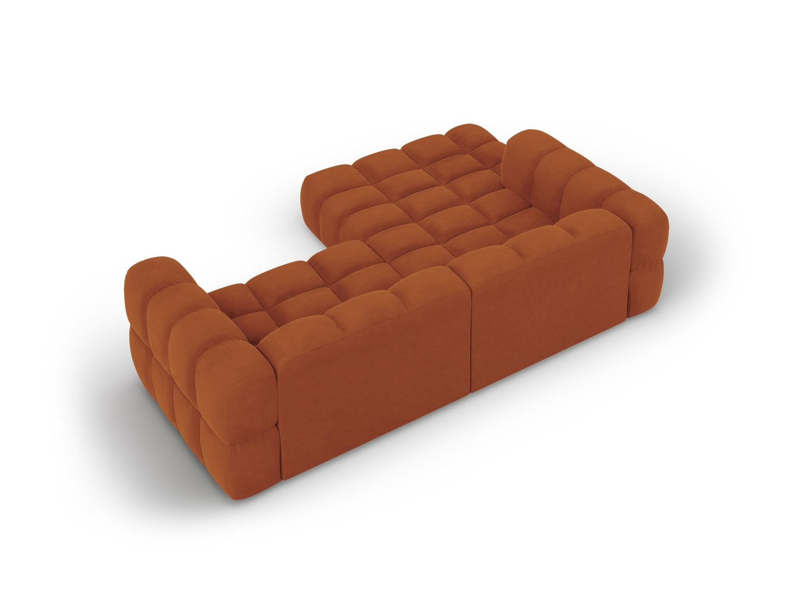 Elegantes modulares Ecksofa links in warmem Terracotta Sky Velour, ideal für moderne Wohnräume und entspannte Stunden.