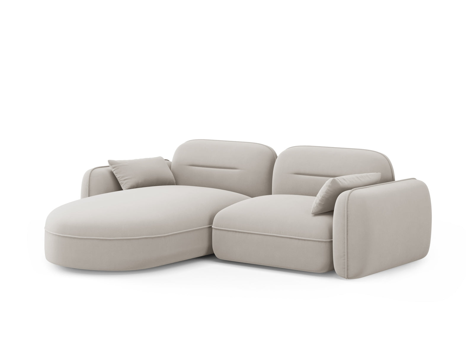 Modulares Sydney Velour Ecksofa in sanftem Beige, bietet Komfort und Stil für jedes Wohnzimmer. Ideal für gesellige Abende und entspannte Stunden.
