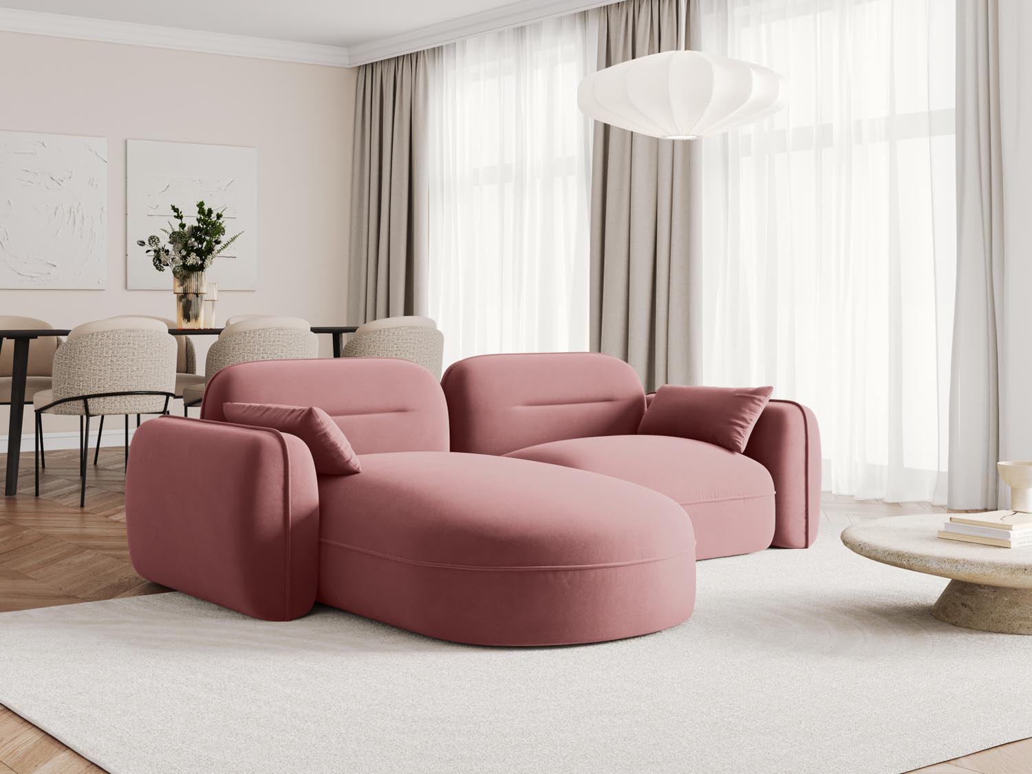 Elegantes Sydney Velour Ecksofa links im modernen Design, ideal für stilvolle Wohnräume. Bequem und vielseitig einsetzbar.