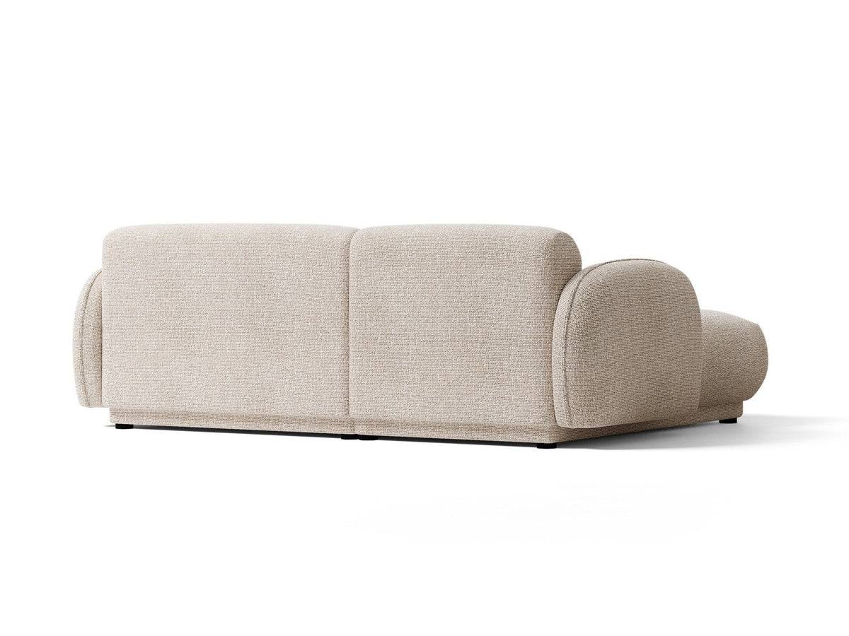 Beige-meliertes Boucle-Ecksofa links mit Récamiere, Massivholzrahmen und schwarzen Kunststoffbeinen, Cosmopolitan Design Bilbao Serie.