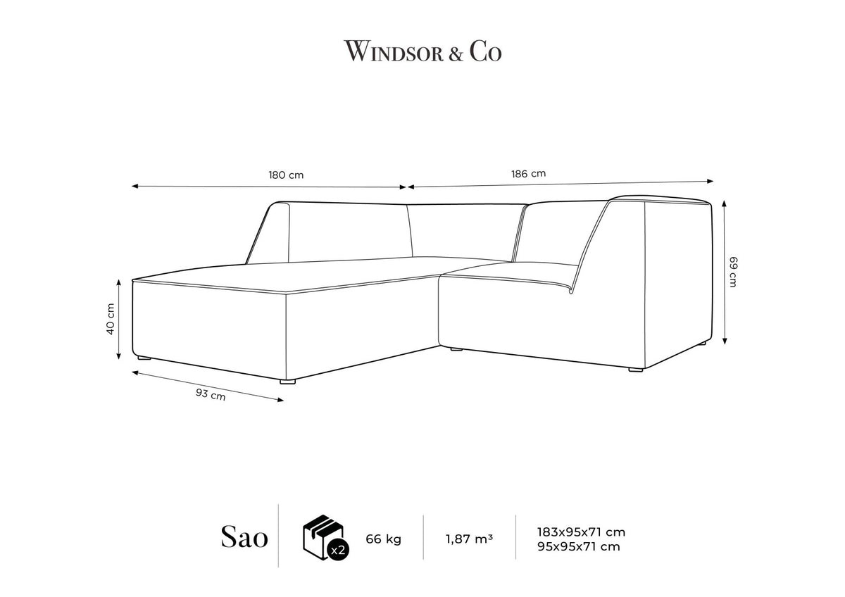 Modulares Ecksofa in Beige-Samt mit Récamiere links, Massivholzrahmen, schwarzen Kunststoffbeinen und weicher Samtpolsterung.