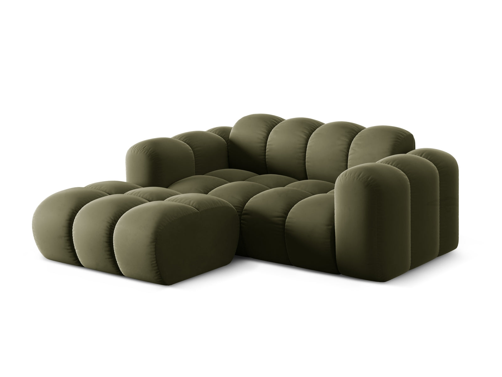 Stylisches 2-Sitzer Ecksofa Treno in Green-Bluvel, ideal für moderne Wohnräume, präsentiert von Cosmopolitan Design.