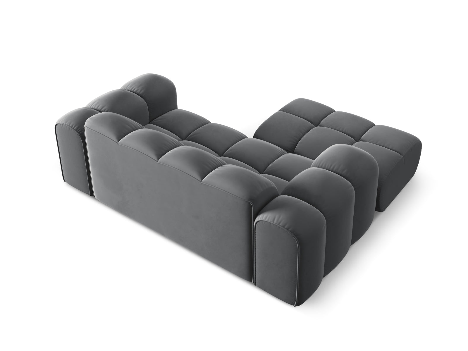 Stylisches 2-Sitzer Ecksofa Treno in elegantem Grau-Bluvel, perfekt für entspannte Stunden im Wohnzimmer, erhältlich bei Cosmopolitan Design.