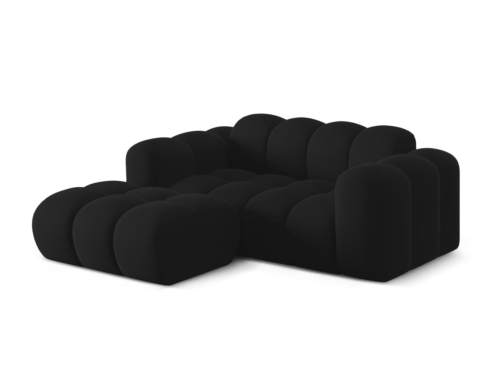 Stylisches 2-Sitzer Ecksofa Treno in Black-Bluvel, ideal für moderne Wohnräume, präsentiert von Cosmopolitan Design.