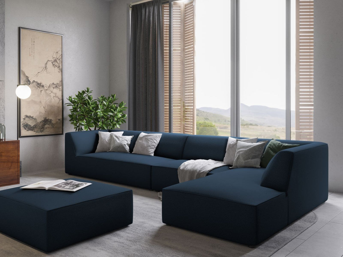 Runder Pouf mit hellblauem Cordstoff-Bezug, schwarzen Kunststoffbeinen und Massivholzrahmen, Modell Siena von Cosmopolitan Design.