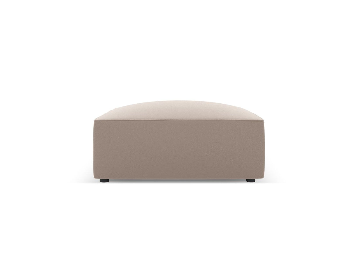 Runder Pouf mit lederähnlichem Bezug in Light Beige, Massivholzrahmen und schwarzen Kunststoffbeinen, Durchmesser 93 cm, Höhe 40 cm.
