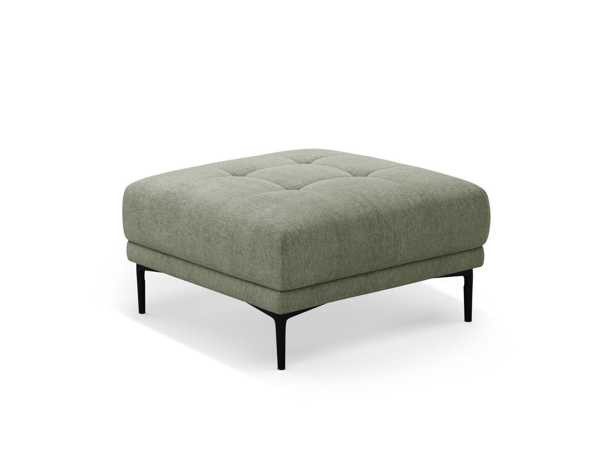 Runder Pouf mit beigem Sorella-Strukturstoff, gepolstertem Sitz und schwarzen Metallbeinen, freistehend fotografiert vor neutralem Hintergrund.