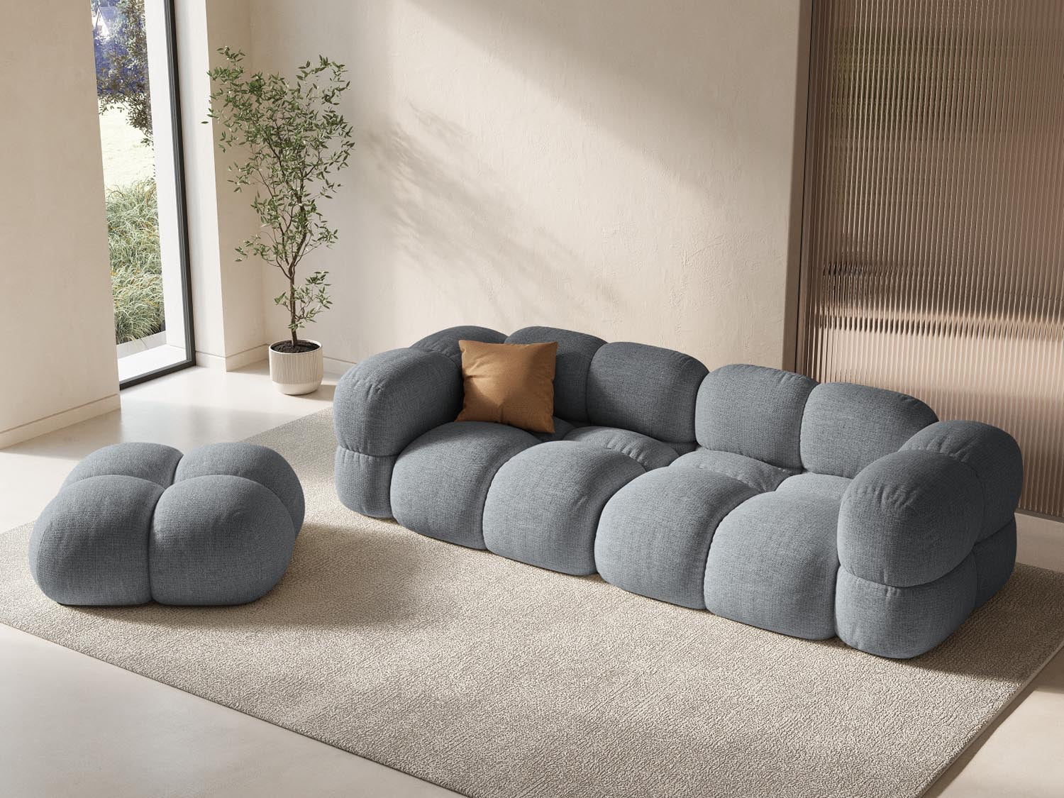 Eleganter Loretto Pouf in Grau, 90 cm Durchmesser, ideal für stilvolle Wohnräume und gemütliche Sitzgelegenheiten.