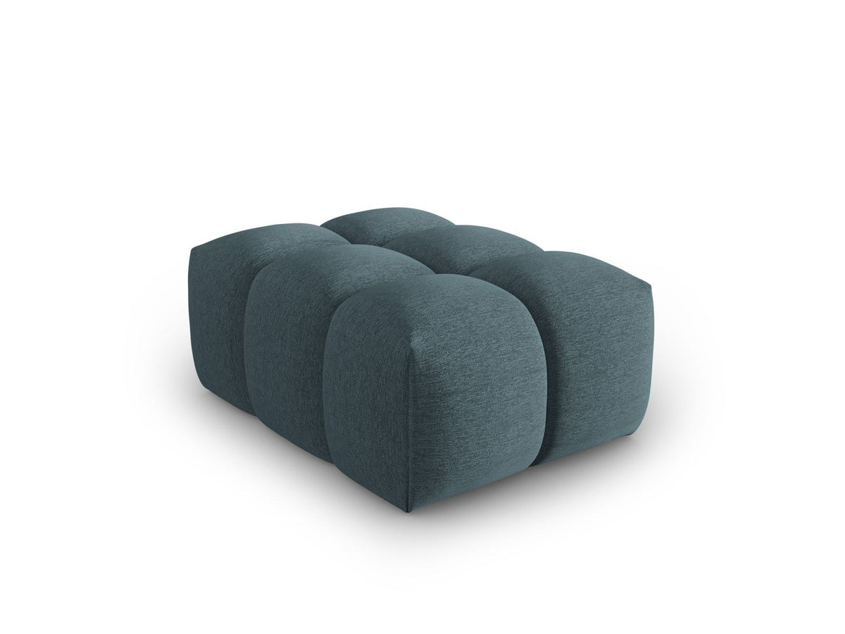 Beiger Pouf Verona mit Sorella-Strukturstoff, Massivholzrahmen und schwarzen Kunststoffbeinen, quaderförmige Sitzfläche.