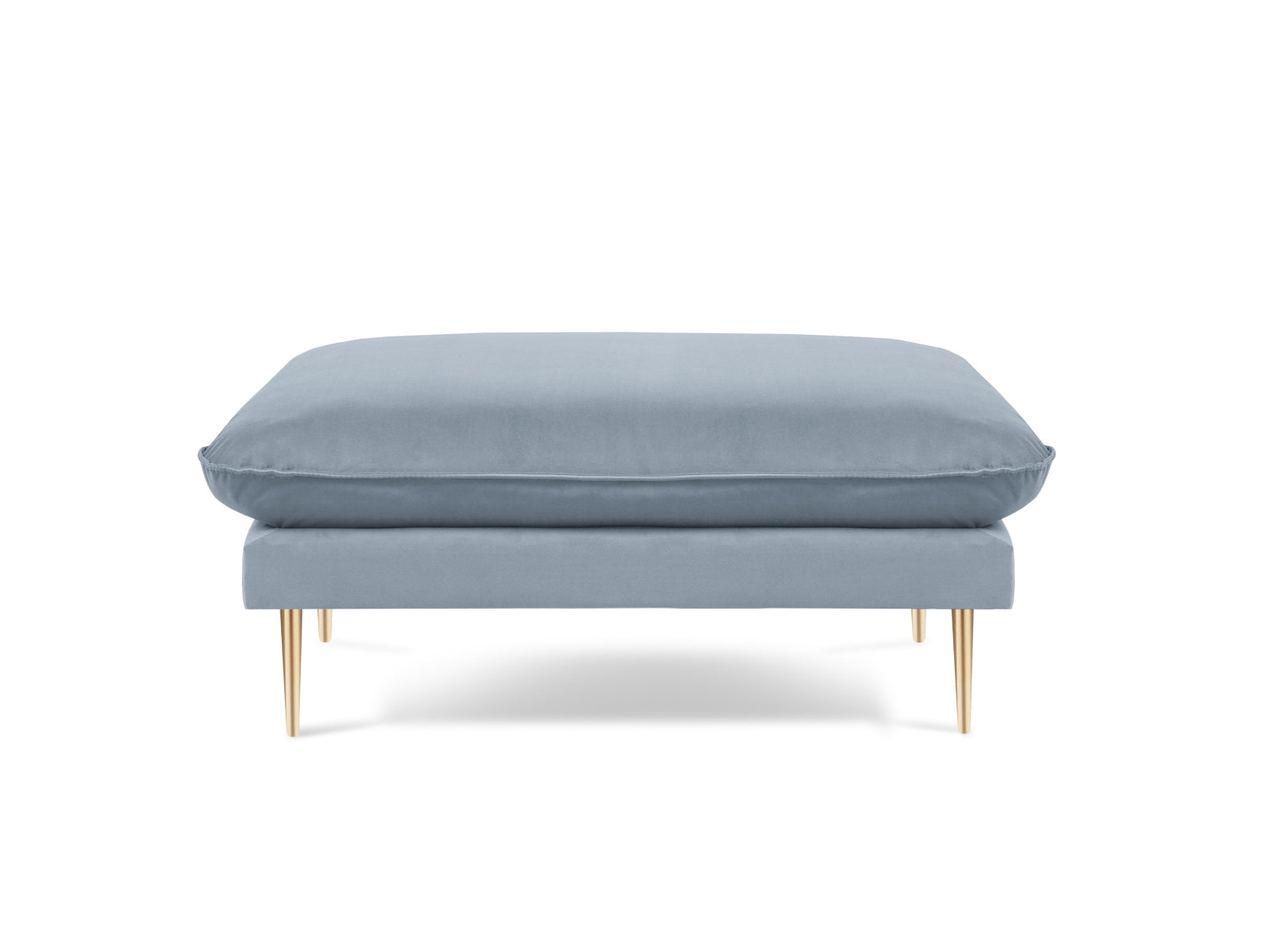Eleganter Vienna Velour Pouf in sanftem Hellblau mit goldenen Akzenten, ideal für stilvolle Wohnräume und gemütliche Sitzgelegenheiten.