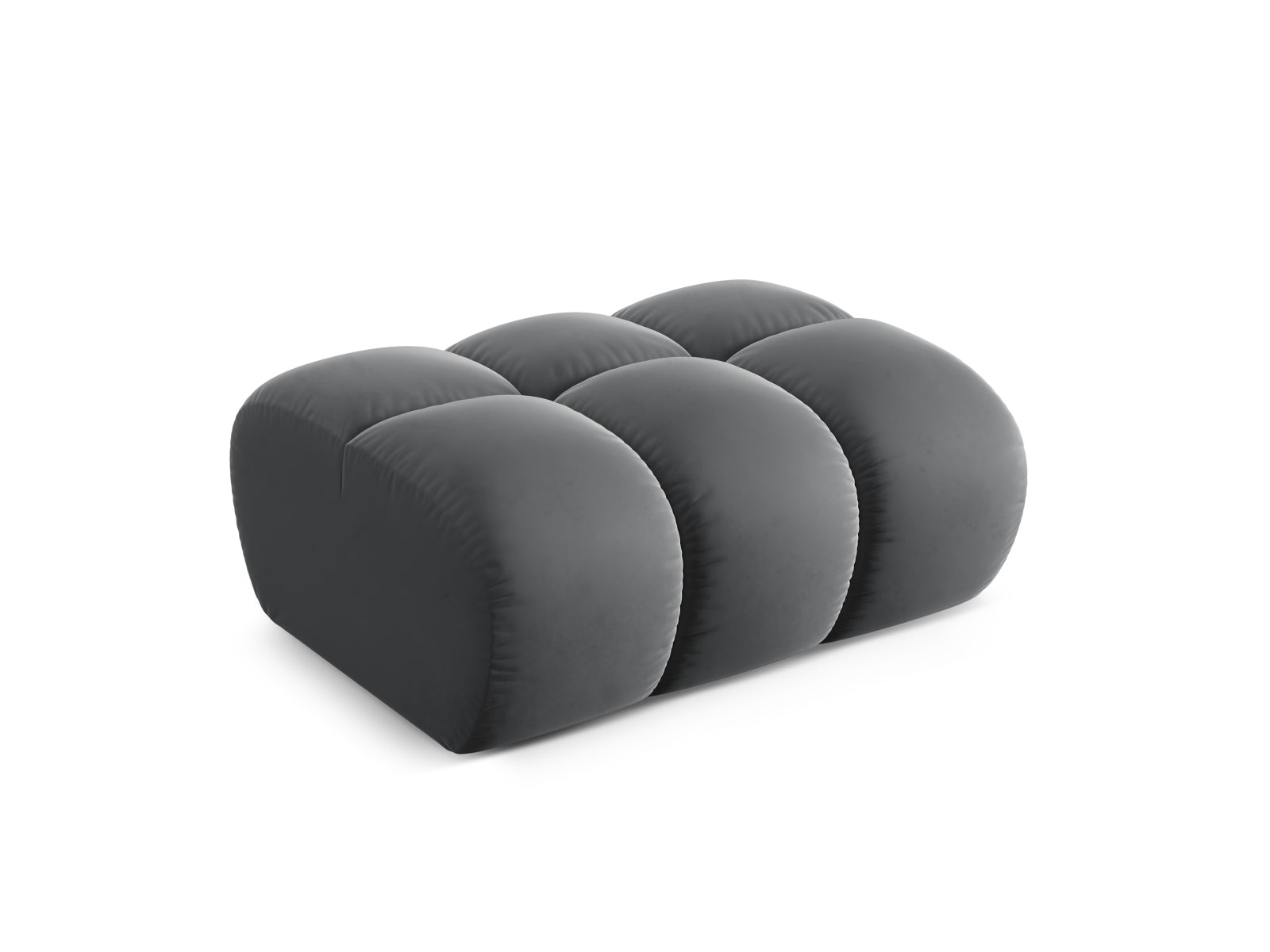Eleganter 1-Sitzer Pouf Treno in stilvollem Grey-Bluvel, ideal für moderne Wohnräume und vielseitige Nutzung.