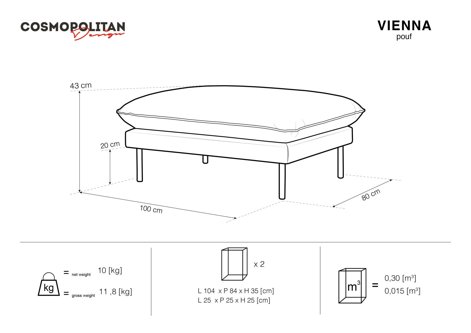 Vienna Velour Pouf 1 Sitz 80cm in Light Beige/Schwarz-Bluvel präsentiert im Onlineshop von KAQTU Design AG. Pouf ist von Cosmopolitan Design