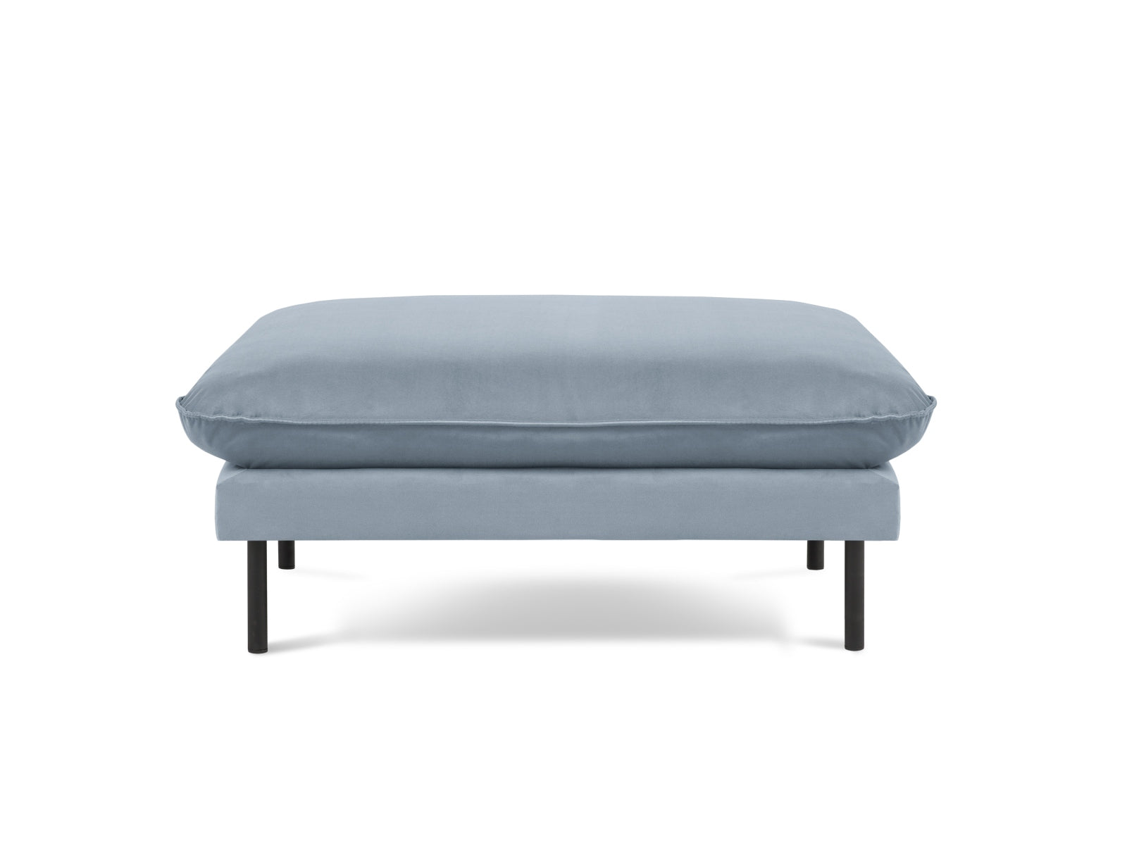 Eleganter Vienna Velour Pouf mit einem Durchmesser von 80 cm in sanftem Hellblau und Schwarz, ideal für stilvolle Wohnräume.