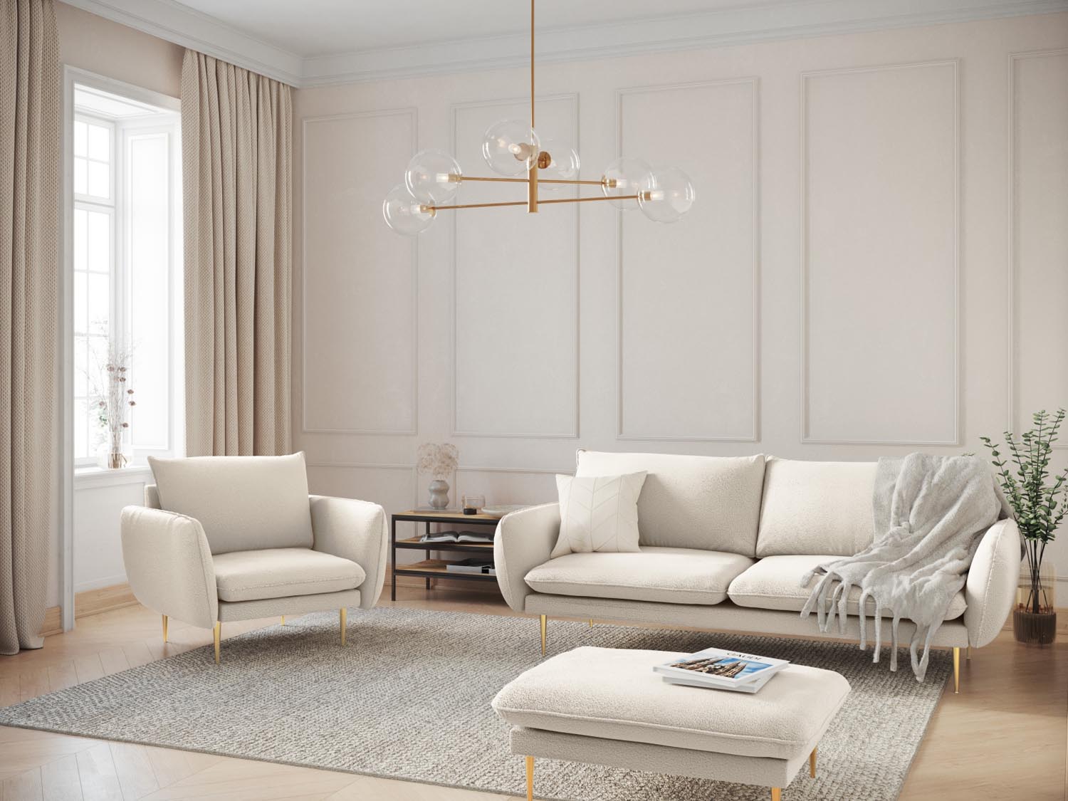 Eleganter Vienna Boucle Pouf in Beige mit goldenen Akzenten, ideal für stilvolle Wohnräume. Perfekt als Sitzgelegenheit oder dekoratives Element.