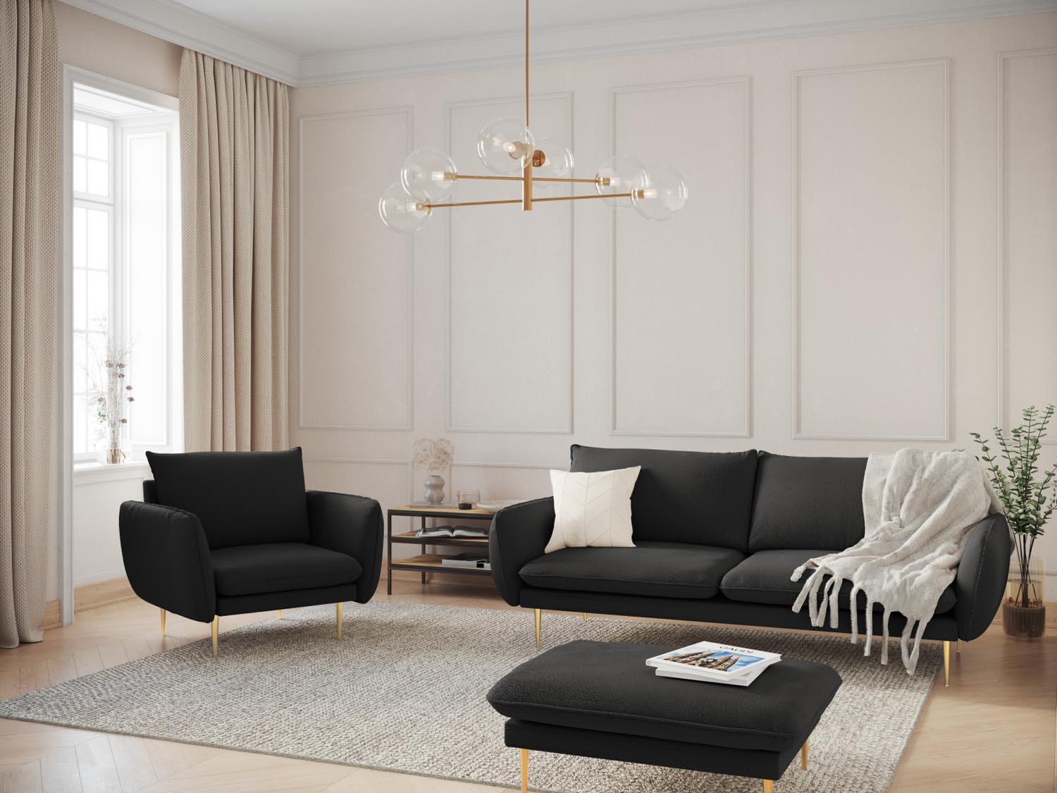Eleganter Vienna Boucle Pouf in stilvollem Schwarz und Gold, ideal für gemütliche Sitzgelegenheiten und moderne Wohnräume.