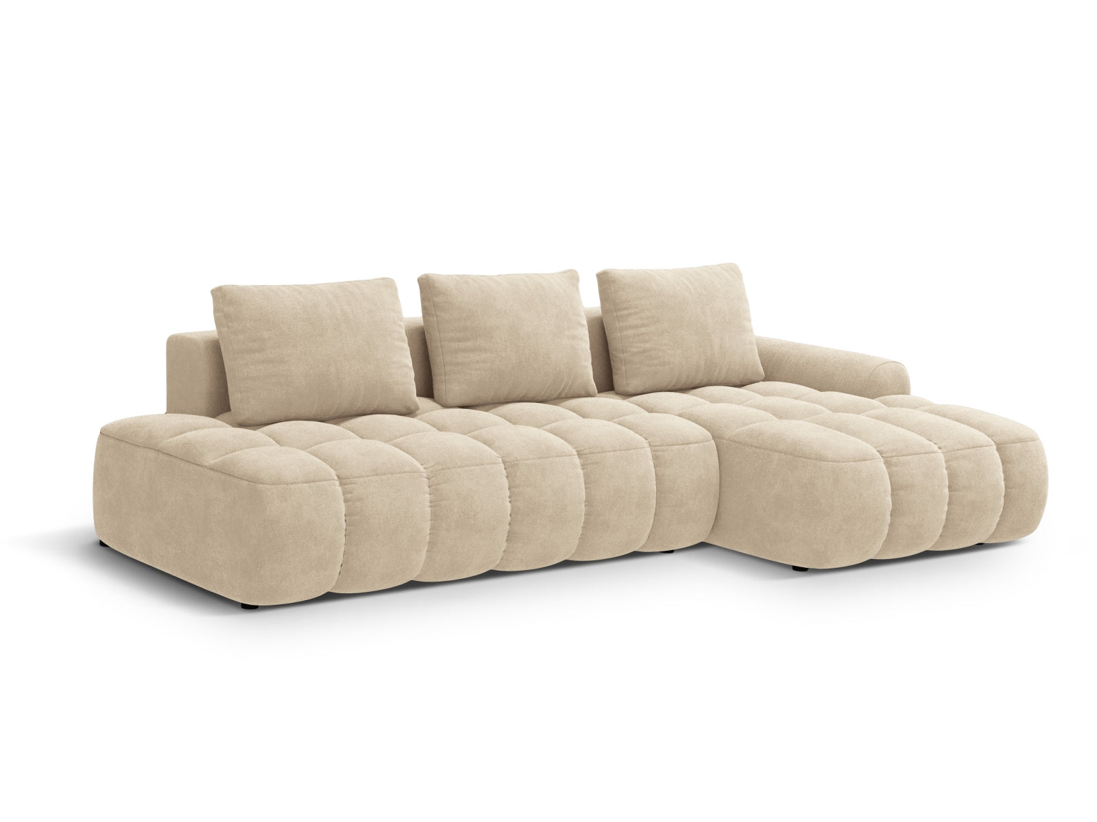 Erleben Sie das Linz Velour Ecksofa rechts – ein stilvolles 3-Sitzer Sofa mit praktischer Schlaffunktion und Stauraum für Ihr Zuhause.