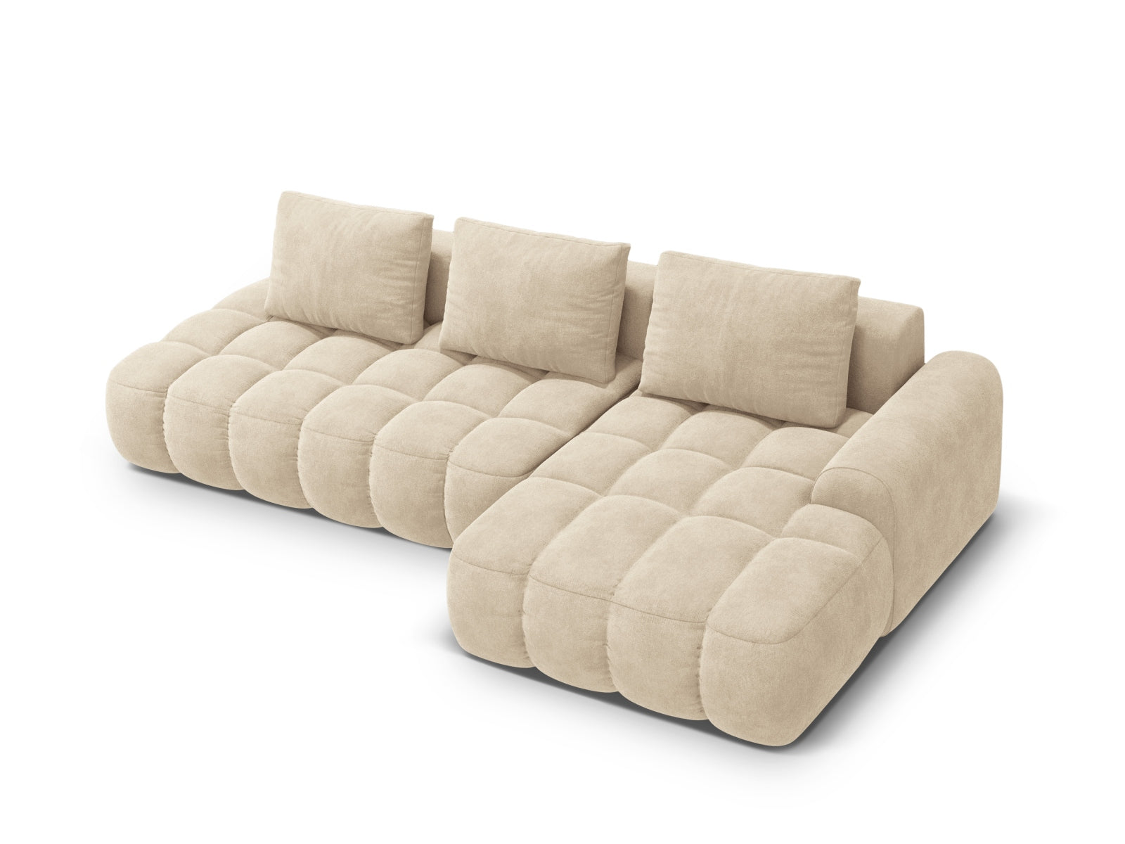 Entdecken Sie das Linz Velour Ecksofa rechts – ein elegantes 3-Sitzer Sofa mit Schlaffunktion und Stauraum, ideal für jeden Wohnraum.