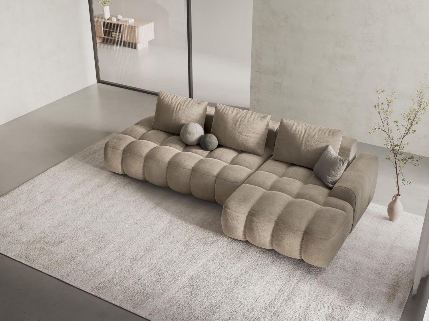 Entdecken Sie das elegante Linz Velour Ecksofa rechts mit Schlaffunktion und Stauraum. Ideal für stilvolle Wohnräume und Übernachtungsgäste.