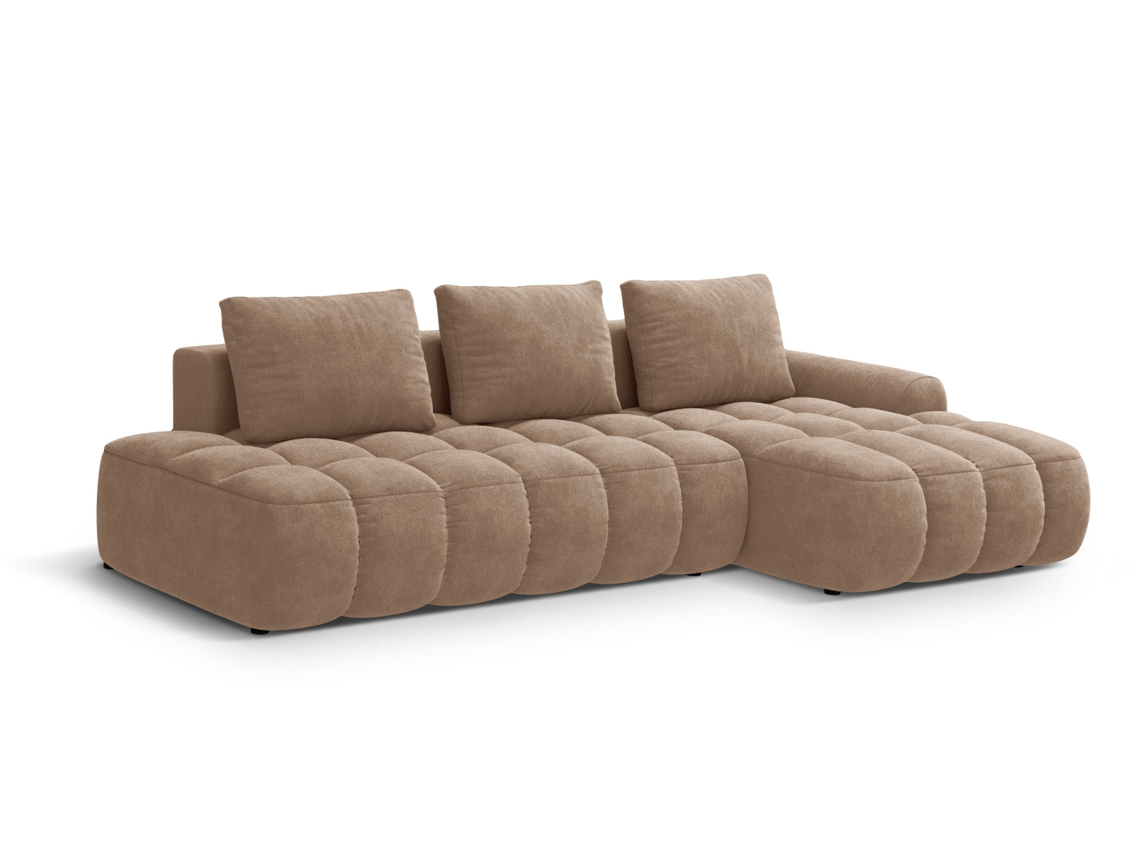 Erleben Sie das Linz Velour Ecksofa rechts – ein stilvolles 3-Sitzer Sofa mit praktischer Schlaffunktion und Stauraum für Ihr Zuhause.