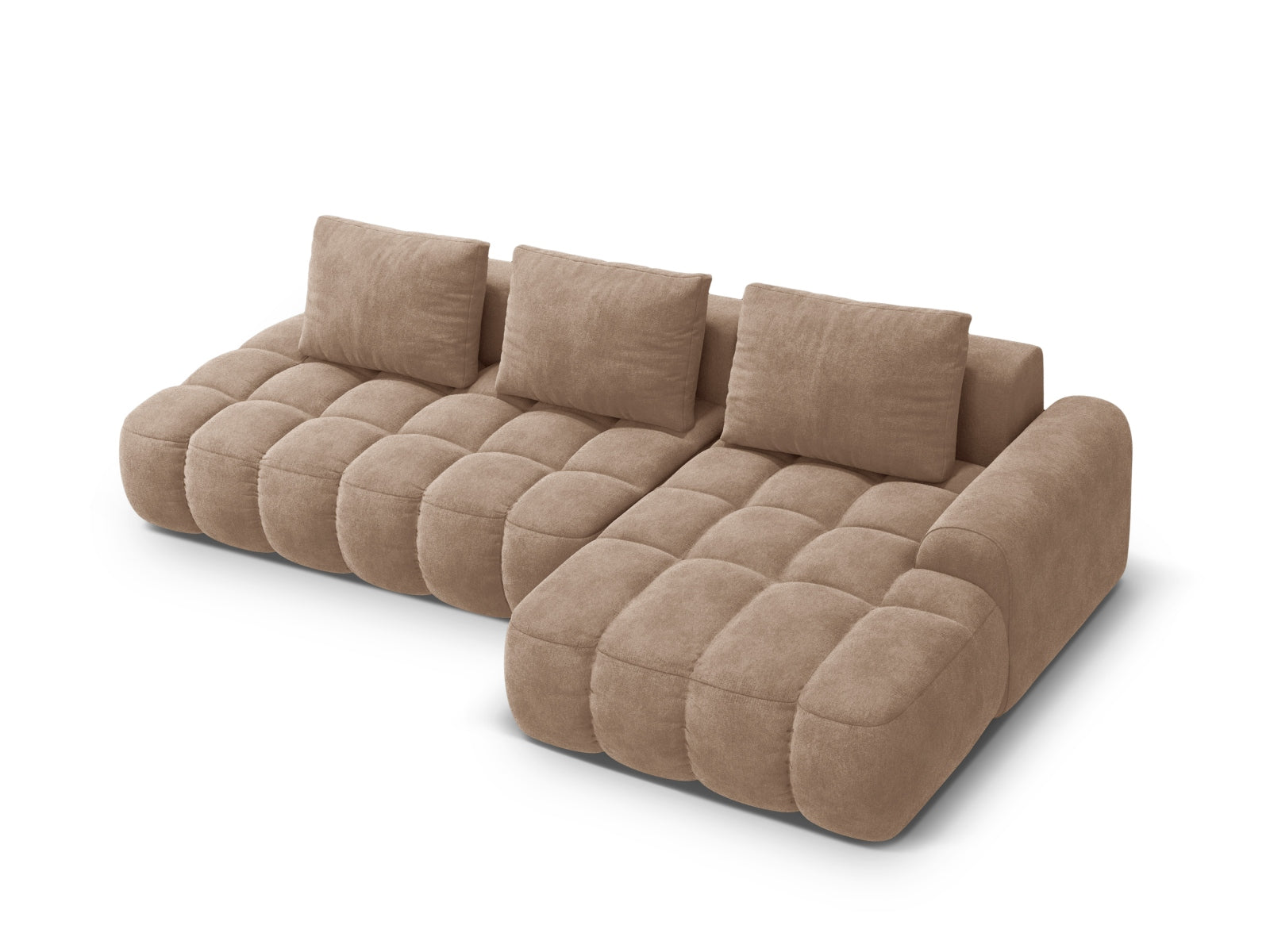 Entdecken Sie das Linz Velour Ecksofa rechts – ein elegantes 3-Sitzer Sofa mit Schlaffunktion und Stauraum, ideal für jeden Wohnraum.