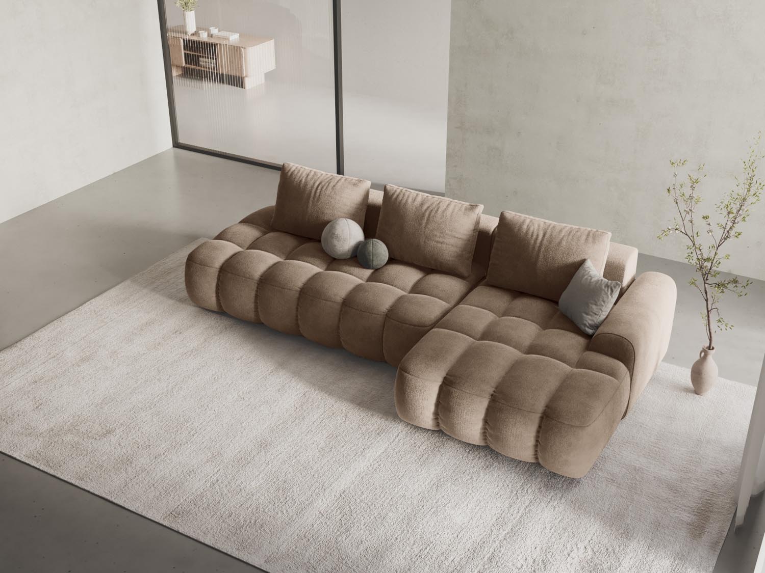 Entdecken Sie das elegante Linz Velour Ecksofa rechts mit Schlaffunktion und Stauraum. Ideal für stilvolle Wohnräume und flexible Nutzung.