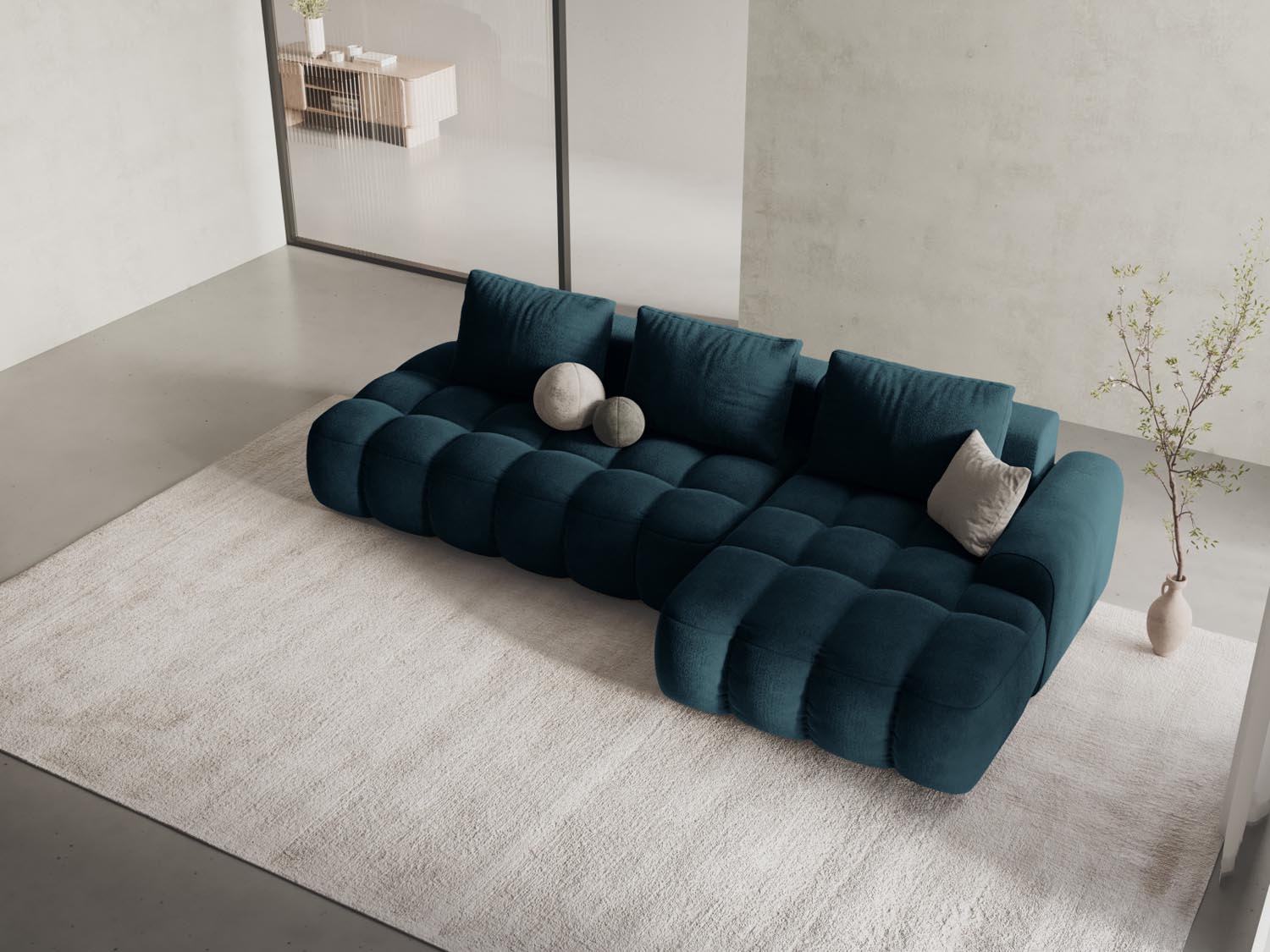 Entdecken Sie das elegante Linz Velour Ecksofa rechts mit Schlaffunktion und Stauraum. Ideal für stilvolle Wohnräume und Übernachtungsgäste.