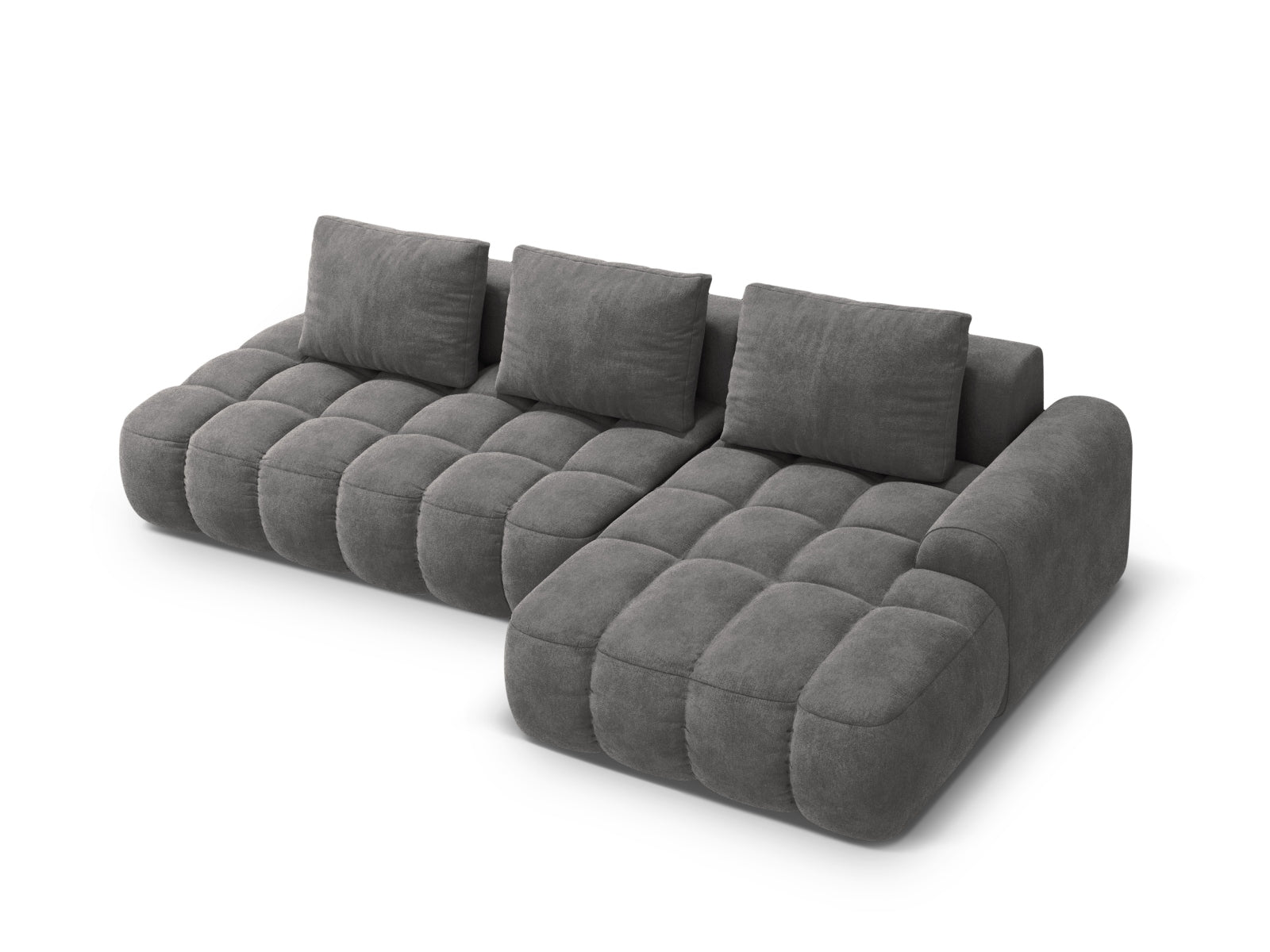 Entdecken Sie das Linz Velour Ecksofa rechts – ein elegantes 3-Sitzer Sofa mit Schlaffunktion und Stauraum, ideal für jeden Wohnraum.