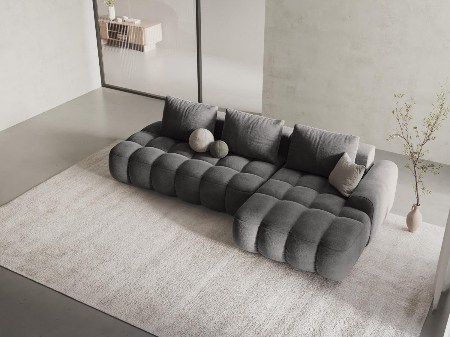 Entdecken Sie das elegante Linz Velour Ecksofa rechts mit Schlaffunktion und Stauraum. Ideal für stilvolle Wohnräume und flexible Nutzung.