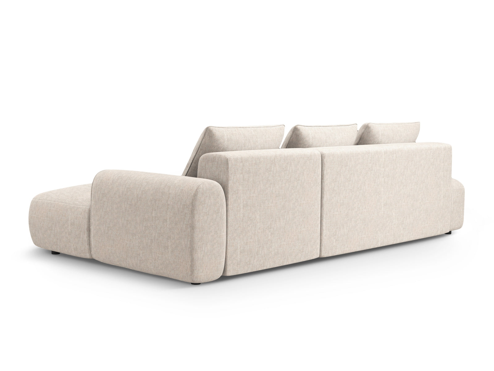 Beige 5-Sitzer Ecksofa mit Schlaffunktion und Stauraum, perfekt für stilvolle Wohnräume und Übernachtungsgäste.