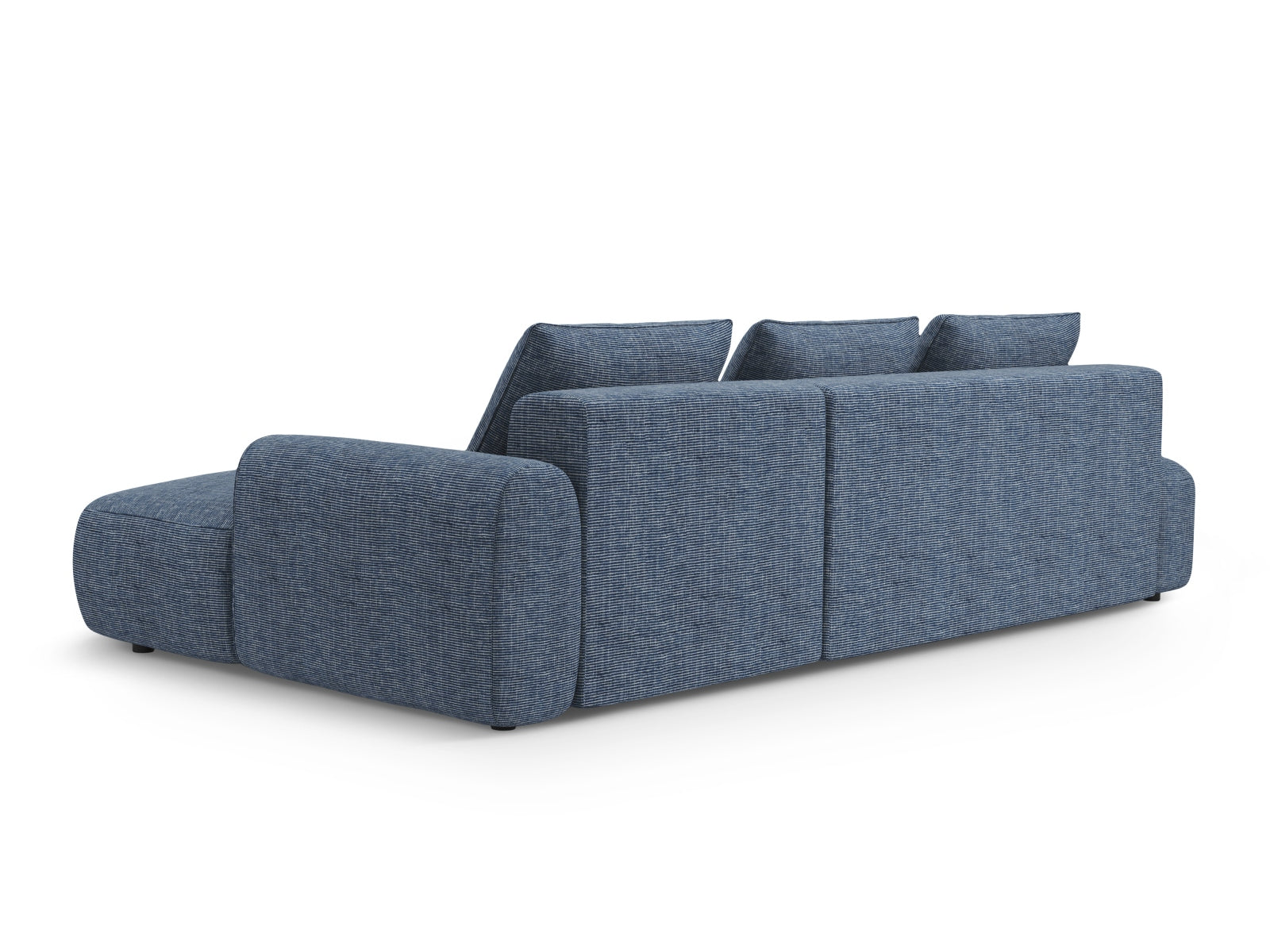 Modernes 5-Sitzer Ecksofa Calma in stilvollem Blau Melange, perfekt für gemütliche Abende, mit cleverer Schlaffunktion und praktischem Stauraum.