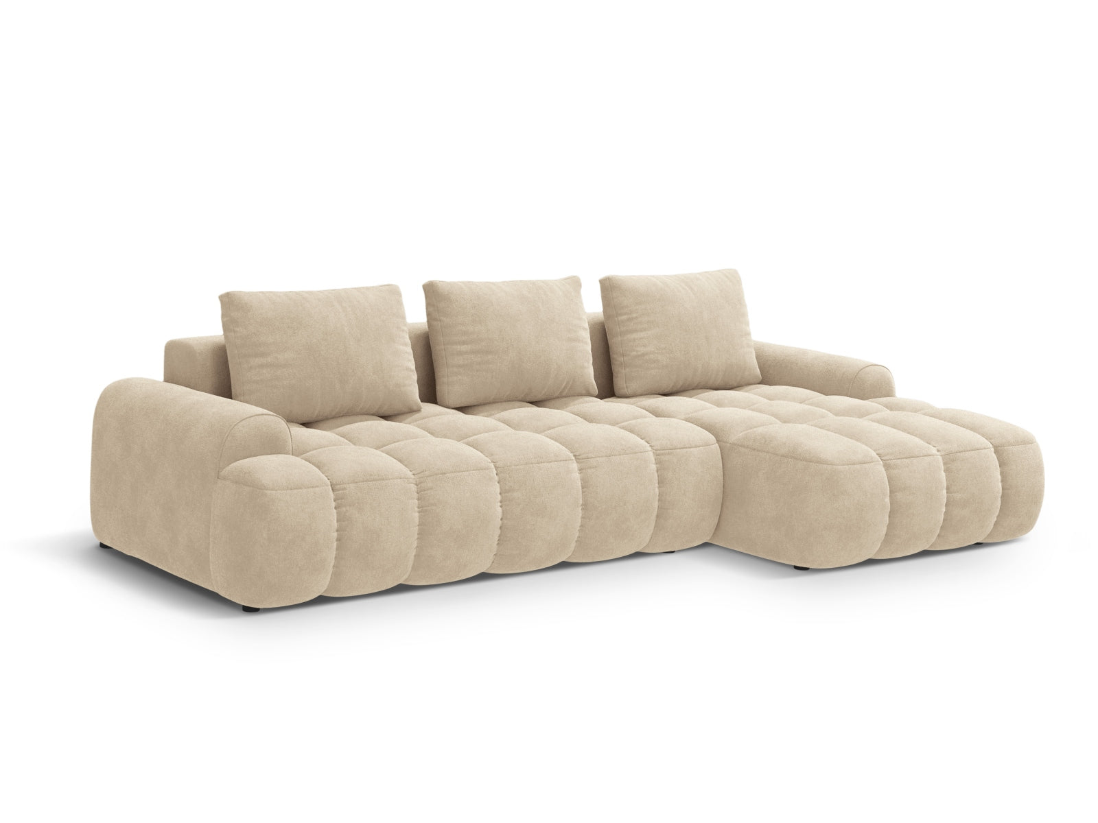 Erleben Sie das Linz Velour Ecksofa rechts – ein stilvolles 3-Sitzer Sofa mit praktischer Schlaffunktion und Stauraum für Ihr Zuhause.